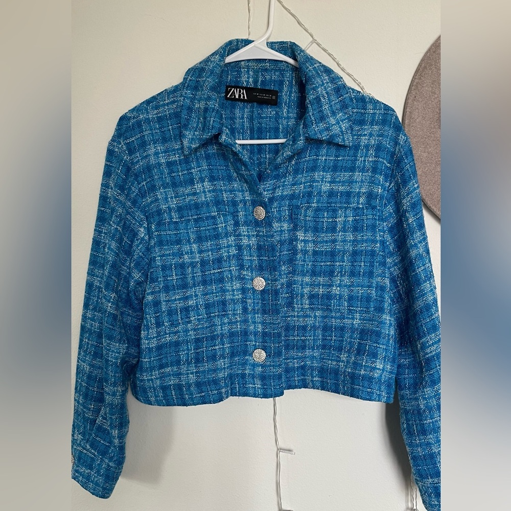 Zara Blue Tweed Blazer Jacket - Picture 3 of 5